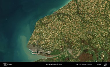 Le Havre. Copernicus Sentinel 'in Mart 2020' de çekilmiş uydu görüntüsü üzerine Fransa 'nın idari bölgesi.