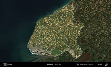 Le Havre. Fransa 'nın idari alanı, Nisan 2021' de çekilen Kopernik Sentinel karolarından oluşan koyu renkli bir uydu görüntüsü üzerinde vurgulandı ve özetlendi.