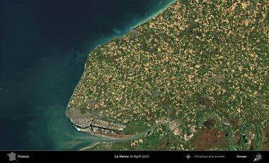 Le Havre. Copernicus Sentinel 'in Nisan 2021' de çekilmiş uydu görüntüsü üzerine Fransa 'nın idari bölgesi.