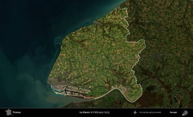 Le Havre. Fransa 'nın idari alanı, Şubat 2023' te çekilen Kopernik Nöbetçi karolarından oluşan koyu renkli bir uydu görüntüsü üzerinde vurgulandı ve özetlendi.