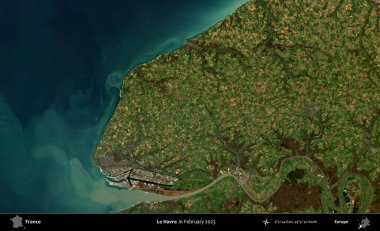 Le Havre. Copernicus Sentinel 'in Şubat 2023' te çekilmiş uydu görüntüsü üzerine Fransa 'nın idari bölgesi.