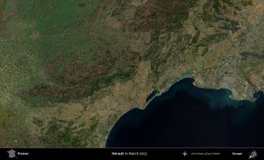Herault. Copernicus Sentinel 'in Mart 2023' te çekilmiş uydu görüntüsü üzerine Fransa 'nın idari bölgesi.