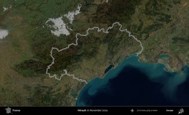 Herault. Copernicus Sentinel 'in Kasım 2024' te çekilen uydu görüntüsünde Fransa 'nın idari bölgesinin ana hatlarını çizdim.