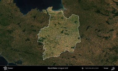 Ille-et-Vilaine. Fransa 'nın idari alanı, Ağustos 2018' de çekilen Kopernik Nöbetçi karolarından oluşan koyu renkli bir uydu görüntüsü üzerinde vurgulandı ve özetlendi.