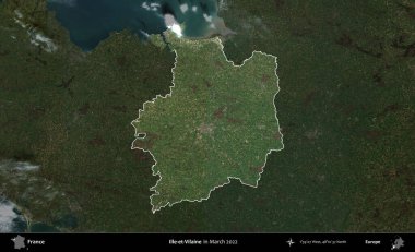 Ille-et-Vilaine. Fransa 'nın idari alanı, Mart 2022' de çekilen Kopernik Sentinel karolarından oluşan koyu renkli bir uydu görüntüsü üzerinde vurgulandı ve özetlendi.