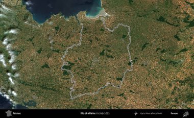 Ille-et-Vilaine. Copernicus Sentinel 'in Temmuz 2022' de çekilen uydu görüntüsünde Fransa 'nın idari bölgesinin ana hatları belirlendi.