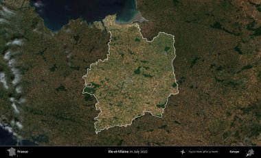 Ille-et-Vilaine. Fransa 'nın idari alanı, Temmuz 2022' de çekilen Kopernik Nöbetçi karolarından oluşan koyu renkli bir uydu görüntüsüyle vurgulandı ve özetlendi.