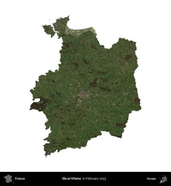 Ille-et-Vilaine. Fransa 'nın idari bölgesi, Şubat 2023' te çekilen Kopernik Nöbetçi karolarından oluşan bir uydu görüntüsüyle beyaza izole edildi.