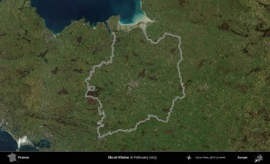 Ille-et-Vilaine. Copernicus Sentinel 'in Şubat 2023' te çekilen uydu görüntüsünde Fransa 'nın idari bölgesinin ana hatları belirlendi.