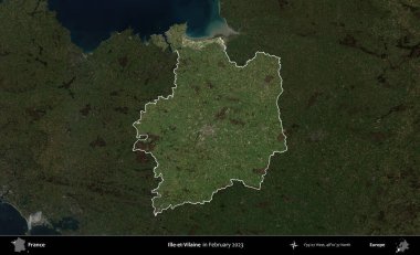 Ille-et-Vilaine. Fransa 'nın idari alanı, Şubat 2023' te çekilen Kopernik Nöbetçi karolarından oluşan koyu renkli bir uydu görüntüsü üzerinde vurgulandı ve özetlendi.
