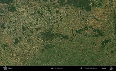 Indre. Copernicus Sentinel 'in Mayıs 2021' de çekilmiş uydu görüntüsü üzerine Fransa 'nın idari bölgesi.