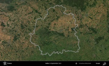 Indre. Eylül 2021 'de çekilen Copernicus Sentinel karolarından oluşan bir uydu görüntüsünde Fransa' nın idari bölgesinin ana hatlarını çizdim.