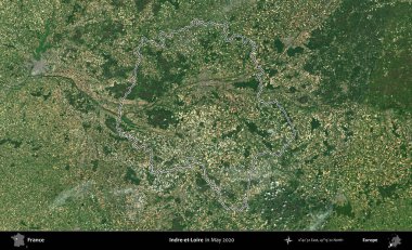 Indre-et-Loire. Mayıs 2020 'de çekilen Copernicus Sentinel karolarından oluşan bir uydu görüntüsünde Fransa' nın idari bölgesinin ana hatları belirlendi.