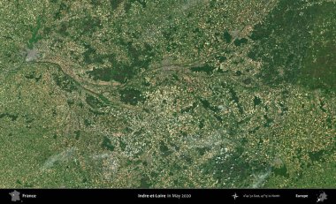 Indre-et-Loire. Mayıs 2020 'de Copernicus Sentinel karolarından oluşan bir uydu görüntüsü üzerine Fransa' nın idari bölgesi