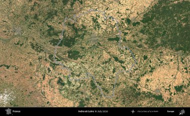 Indre-et-Loire. Copernicus Sentinel 'in Temmuz 2020' de çekilen uydu görüntüsünde Fransa 'nın idari bölgesinin ana hatları belirlendi.