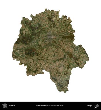 Indre-et-Loire. Fransa 'nın idari bölgesi, Kasım 2021' de çekilen Kopernik Nöbetçi Fayanslarından oluşan bir uydu görüntüsüyle beyaza izole edildi.