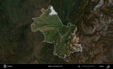 Isere. Fransa 'nın idari alanı, Ekim 2017' de çekilen Kopernik Nöbetçi karolarından oluşan koyu renkli bir uydu görüntüsü üzerinde vurgulandı ve özetlendi.
