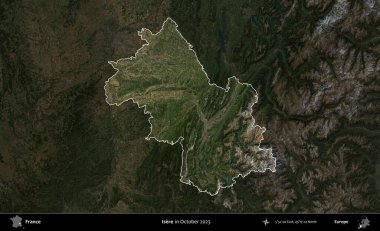 Isere. Fransa 'nın idari alanı, Ekim 2023' te çekilen Kopernik Nöbetçi karolarından oluşan koyu renkli bir uydu görüntüsü üzerinde vurgulandı ve özetlendi.