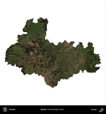 Issoire. Fransa 'nın idari bölgesi, Kasım 2020' de çekilen Kopernik Nöbetçi karolarından oluşan bir uydu görüntüsü üzerinde beyaza izole edildi.