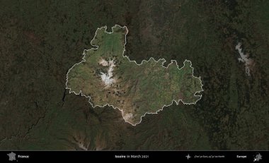 Issoire. Fransa 'nın idari alanı, Mart 2021' de çekilen Kopernik Sentinel karolarından oluşan koyu renkli bir uydu görüntüsü üzerinde vurgulandı ve özetlendi.