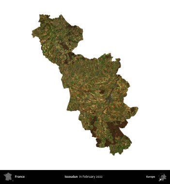 Issoudun. Fransa 'nın idari bölgesi, Şubat 2022' de çekilen Kopernik Nöbetçi karolarından oluşan bir uydu görüntüsüyle beyaza izole edildi.