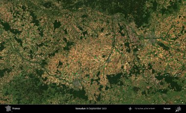 Issoudun. Copernicus Sentinel 'in Eylül 2021' de çekilmiş uydu görüntüsü üzerine Fransa 'nın idari bölgesi.