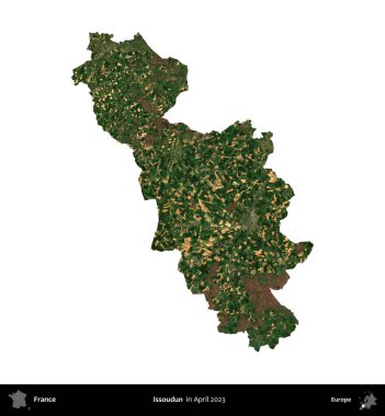 Issoudun. Fransa 'nın idari bölgesi, Nisan 2023' te çekilen Kopernik Nöbetçi karolarından oluşan bir uydu görüntüsüyle beyaza izole edildi.