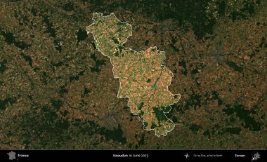 Issoudun. Fransa 'nın idari alanı, Haziran 2023' te çekilen Kopernik Nöbetçi karolarından oluşan koyu renkli bir uydu görüntüsüyle vurgulandı ve özetlendi.