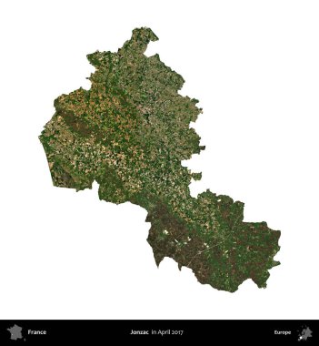 Jonzac. Fransa 'nın idari bölgesi, Nisan 2017' de çekilen Kopernik Nöbetçi karolarından oluşan bir uydu görüntüsü ile beyaza izole edildi.