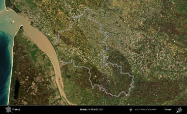 Jonzac. Mart 2021 'de çekilen Copernicus Sentinel karolarından oluşan bir uydu görüntüsünde Fransa' nın idari bölgesinin ana hatları belirlendi.