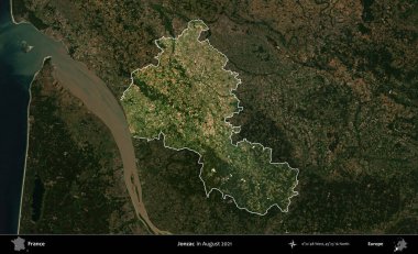 Jonzac. Fransa 'nın idari alanı, Ağustos 2021' de çekilen Kopernik Sentinel karolarından oluşan koyu renkli bir uydu görüntüsü üzerinde vurgulandı ve özetlendi.