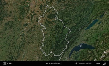 Jura. Eylül 2023 'te çekilen Copernicus Sentinel karolarından oluşan bir uydu görüntüsünde Fransa' nın idari bölgesinin ana hatlarını çizdim.