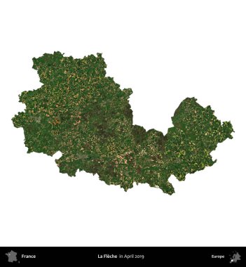 La Fleche. Fransa 'nın idari bölgesi, Nisan 2019' da çekilen Kopernik Nöbetçi karolarından oluşan bir uydu görüntüsü ile beyaza izole edildi.