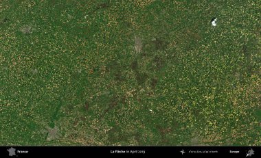 La Fleche. Copernicus Sentinel 'in Nisan 2019' da çekilmiş uydu görüntüsü üzerine Fransa 'nın idari bölgesi.