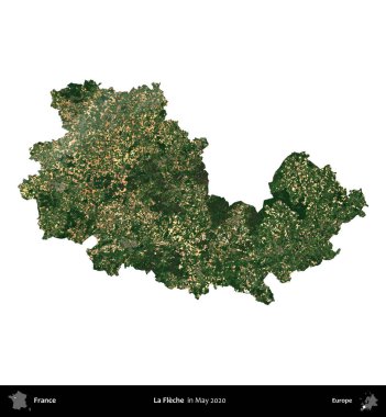La Fleche. Fransa 'nın idari bölgesi, Mayıs 2020' de çekilen Kopernik Nöbetçi karolarından oluşan bir uydu görüntüsüyle beyaza izole edildi.