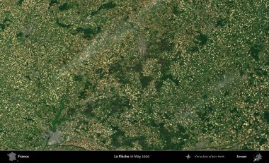 La Fleche. Mayıs 2020 'de Copernicus Sentinel karolarından oluşan bir uydu görüntüsü üzerine Fransa' nın idari bölgesi