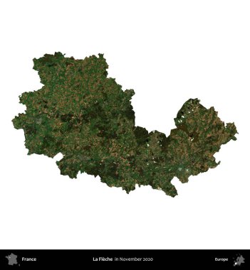 La Fleche. Fransa 'nın idari bölgesi, Kasım 2020' de çekilen Kopernik Nöbetçi karolarından oluşan bir uydu görüntüsü üzerinde beyaza izole edildi.