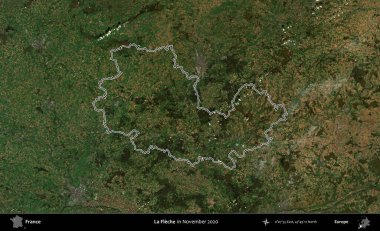 La Fleche. Copernicus Sentinel 'in Kasım 2020' de çekilen uydu görüntüsünde Fransa 'nın idari bölgesinin ana hatları belirlendi.