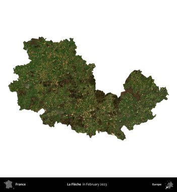 La Fleche. Fransa 'nın idari bölgesi, Şubat 2023' te çekilen Kopernik Nöbetçi karolarından oluşan bir uydu görüntüsüyle beyaza izole edildi.
