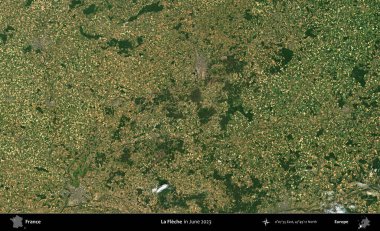 La Fleche. Copernicus Sentinel 'in Haziran 2023' te çekilmiş uydu görüntüsü üzerine Fransa 'nın idari bölgesi.