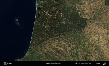 İniş. Copernicus Sentinel 'in Ekim 2023' te çekilmiş uydu görüntüsü üzerine Fransa 'nın idari bölgesi.