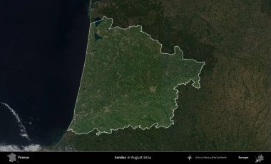 İniş. Fransa 'nın idari alanı, Ağustos 2024' te çekilen Kopernik Sentinel karolarından oluşan koyu renkli bir uydu görüntüsü üzerinde vurgulandı ve özetlendi.