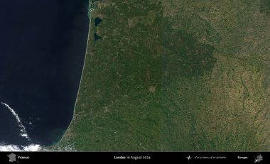 İniş. Copernicus Sentinel 'in Ağustos 2024' te çekilmiş uydu görüntüsü üzerine Fransa 'nın idari bölgesi.