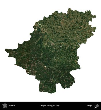 Langon. Fransa 'nın idari bölgesi, Ağustos 2019' da çekilen Kopernik Nöbetçi karolarından oluşan uydu görüntüsüyle beyaza izole edildi.