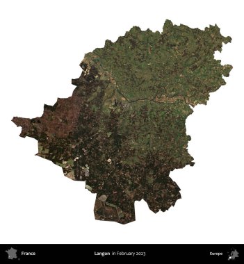 Langon. Fransa 'nın idari bölgesi, Şubat 2023' te çekilen Kopernik Nöbetçi karolarından oluşan bir uydu görüntüsüyle beyaza izole edildi.