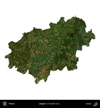 Langres. Fransa 'nın idari bölgesi, Ekim 2017' de çekilen Kopernik Nöbetçi karolarından oluşan uydu görüntüsüyle beyaza izole edildi.