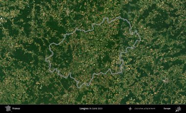 Langres. Copernicus Sentinel 'in Haziran 2021' de çekilen uydu görüntüsünde Fransa 'nın idari bölgesinin ana hatları belirlendi.