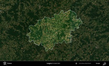 Langres. Fransa 'nın idari alanı, Haziran 2021' de çekilen Kopernik Sentinel karolarından oluşan koyu renkli bir uydu görüntüsü üzerinde vurgulandı ve özetlendi.