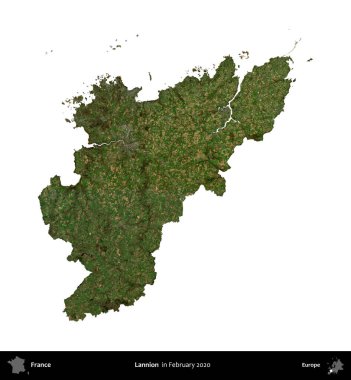 Lannion. Fransa 'nın idari bölgesi, Şubat 2020' de çekilen Kopernik Nöbetçi karolarından oluşan bir uydu görüntüsüyle beyaza izole edildi.