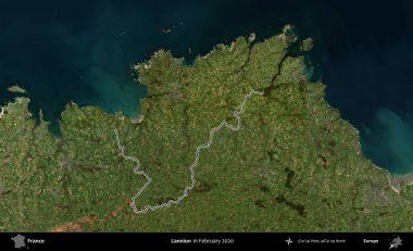 Lannion. Copernicus Sentinel 'in Şubat 2020' de çekilen uydu görüntüsünde Fransa 'nın idari bölgesinin ana hatları belirlendi.